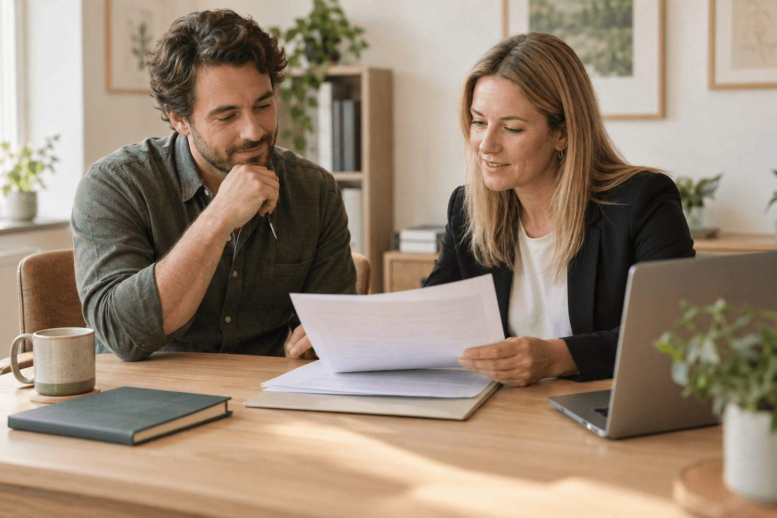 Two professionals reviewing paperwork together at a desk